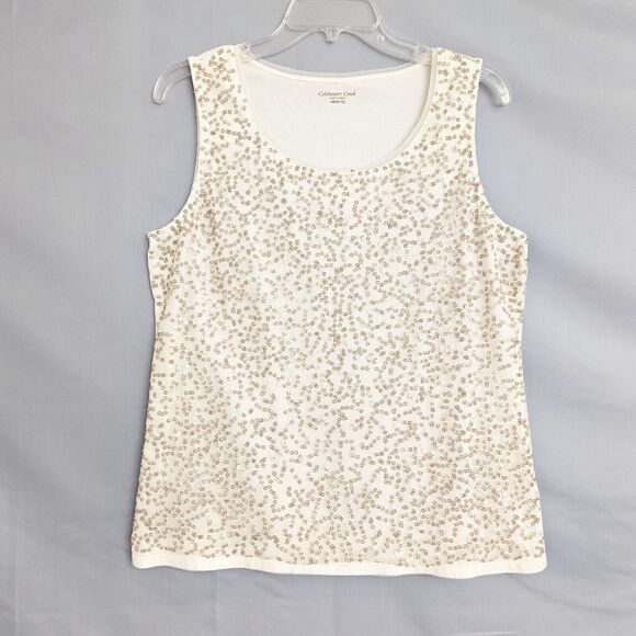 Coldwater Creek M Sequined Tank Top Shell Cream Tan Embellished Knit Stretch - Picture 2 of 9